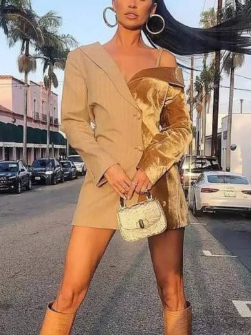 Elegant Velvet Patchwork Blazer Dress - Brown / One Size Stylord