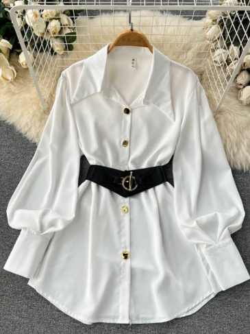 Elegant Waist Band Blouse Shirt Dress With Belt - White / One Size Stylord