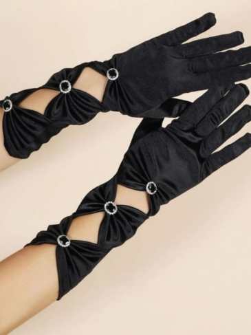 Evening Satin Black Crystal Gloves - Stylord