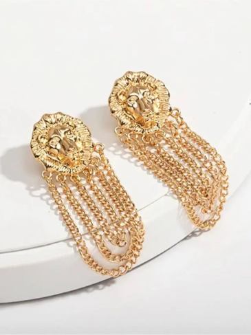 Exaggerated Lion Head Dangle Earrings - Gold Stylord