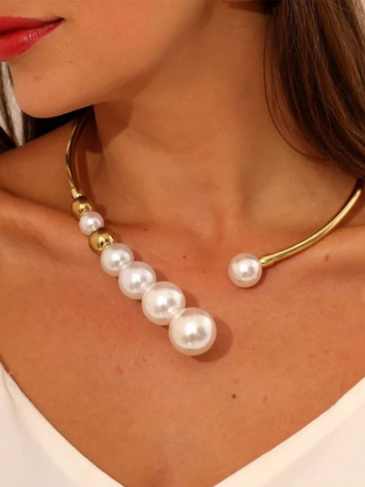 Exaggerated Pearl Open Collar Choker Necklace - Gold Stylord