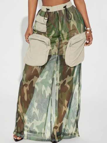 Fall Camouflage Army Drawstring Pocket Long Skirt - Green / s Stylord