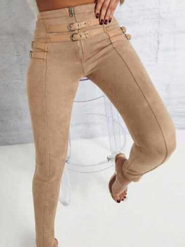 Fashion Belt Buckle Pencil Suede Pant - Brown / s Stylord