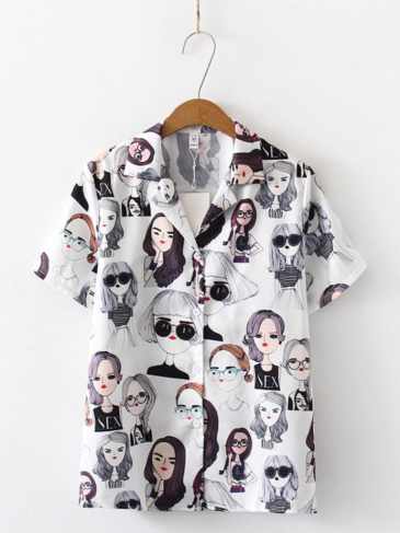 Fashion Cartoon Print Short Sleeve Shirt - White / s Stylord