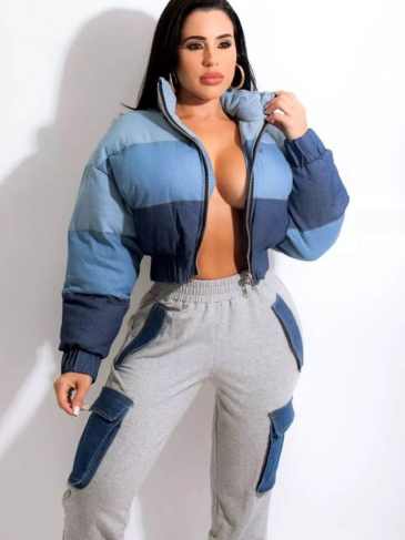 Fashion Casual Denim Gradient Stitching Bomber Jacket - Blue / s Stylord