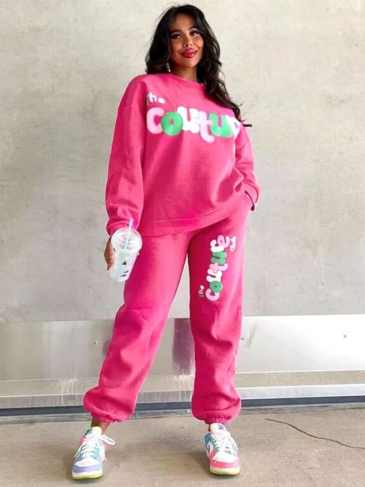 Fashion Casual Letter Print Hoodie And Pant Two Piece Set - Pink / s Stylord