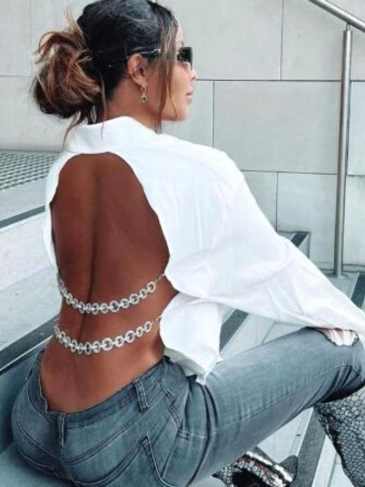 Fashion Chain Backless Long Sleeve White Shirt - s Stylord