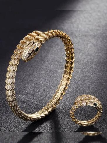 Fashion Cubic Zircon Bangle & Ring Set - Gold Stylord