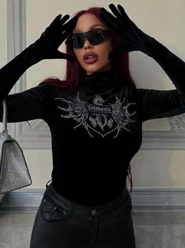 Fashion Diamond Winter Long Sleeve Gloves Bodysuit - Black / s Stylord