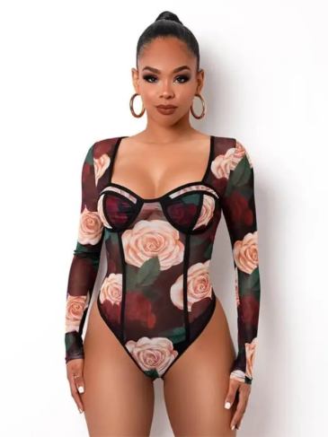 Fashion Floral Mesh Sheer Long Sleeve Bodysuit - Stylord