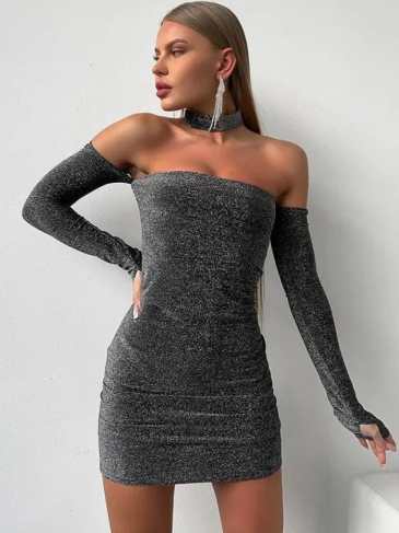 Fashion Glitter Off Shoulder Mini Dress - Silver / s Stylord