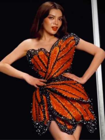 Fashion Irregular Butterfly Wings Beaded Mini Dress - Rent / Orange One Size Stylord