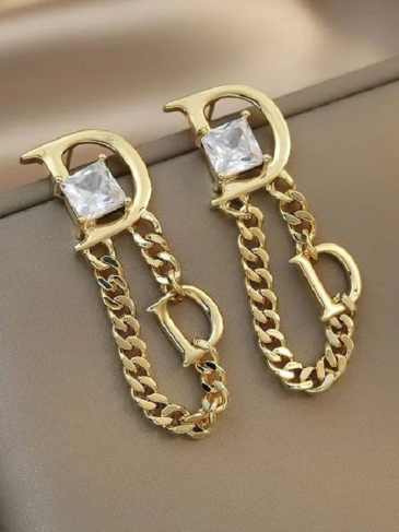 Fashion Jewelry Chain Tassel Letter d Square Zircon Earrings - Gold Stylord