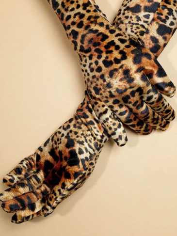 Fashion Leopard Print Gold Velvet Dinner Gloves - Brown Stylord