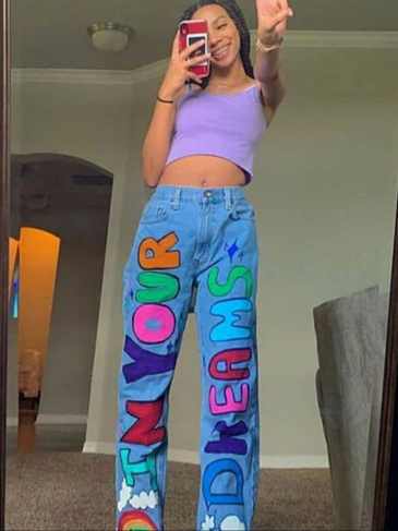 Fashion Letter Print Jeans - Blue / One Size Stylord