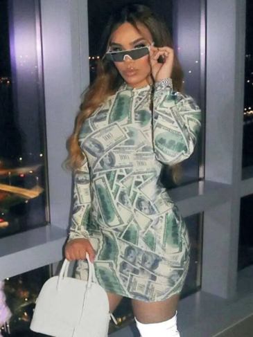Fashion Money Print Long Sleeve Mini Dress - Green / s Stylord