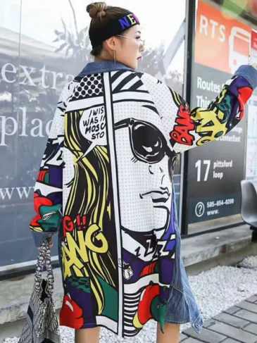 Fashion Patchwork Printed Denim Trench Coat - Multi / One Size Stylord