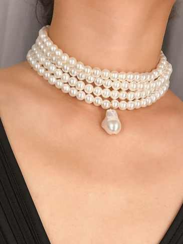 Fashion Pearl Bead Choker Necklace - White Stylord