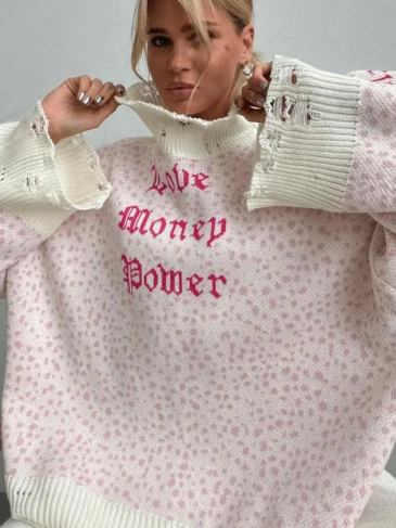 Fashion Print Oversized Hollowed Out Sweater - White / One Size Stylord