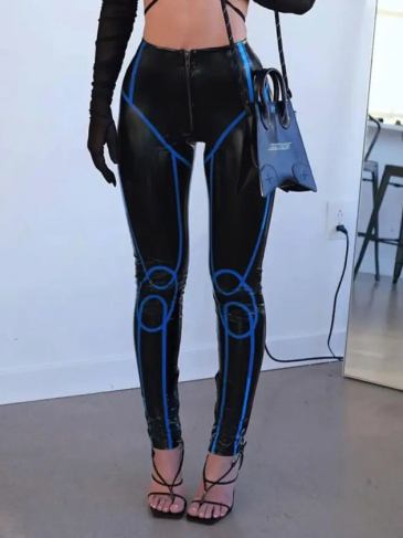 Fashion Pu Bright Leather High Waist Zipper Line Pant - Black / s Stylord