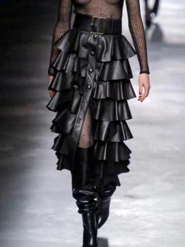 Fashion Pu Leather Black Cake Ruffled Style Skirt - One Size Stylord