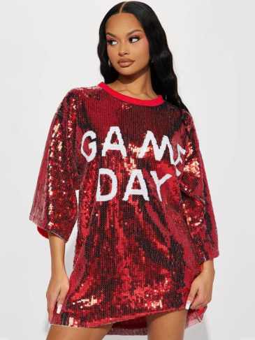 Fashion Round Neck Sequin T-shirt Dress - Red / One Size Stylord