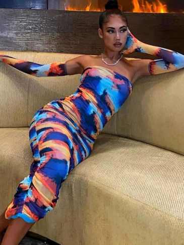 Tie Dye Fashion Ruched Midi Dress With Sleeves - Multi / s Stylord