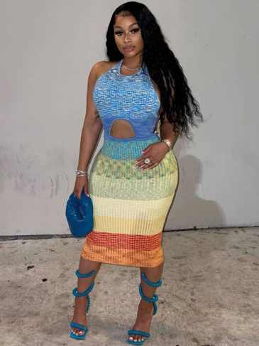 Fashion Sexy Hollow Out Print Bandage Halter Maxi Dress - Blue / s Stylord