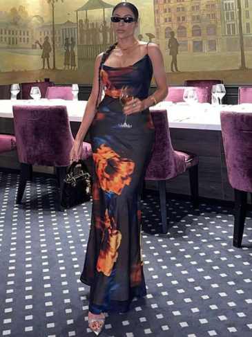 Fashion Sexy Print Slash Tie Dye Maxi Dress - Black / s Stylord