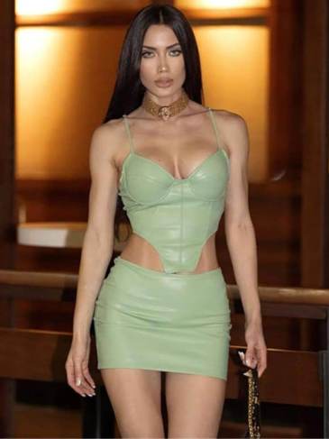 Fashion Sexy Pu Leather Camisole And Skirt Two Piece Set - Green / s Stylord