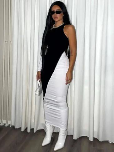 Fashion Sexy One Shoulder Knit Patchwork Dress - Black / s Stylord