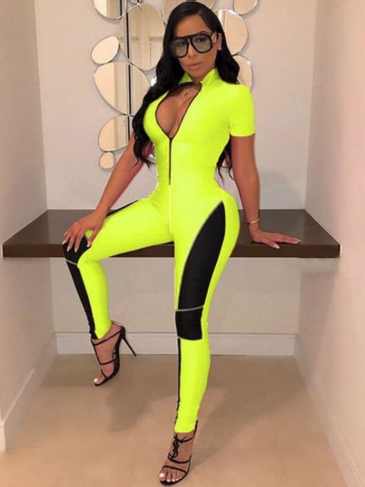 Fashion Short Sleeve Zipper Patchwork Jumpsuit - Green / m Stylord