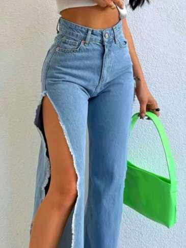 Fashion Split High Waist Straight Jeans - Blue / s Stylord