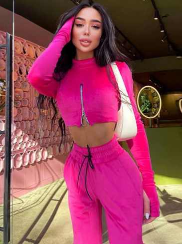 Fashion Velvet Long Sleeve Two Piece Set - Pink / s Stylord