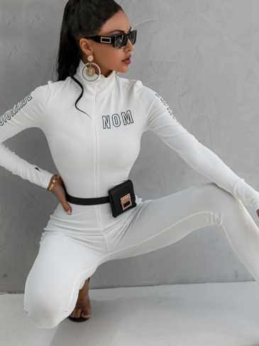 Fashion White Letter Print Long Sleeve Jumpsuit - Stylord
