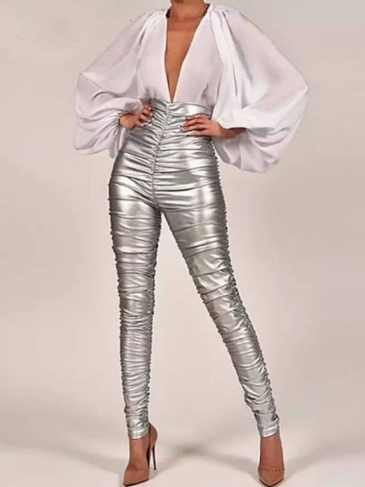 Faux Leather Fold Skinny Silver Pant - s Stylord