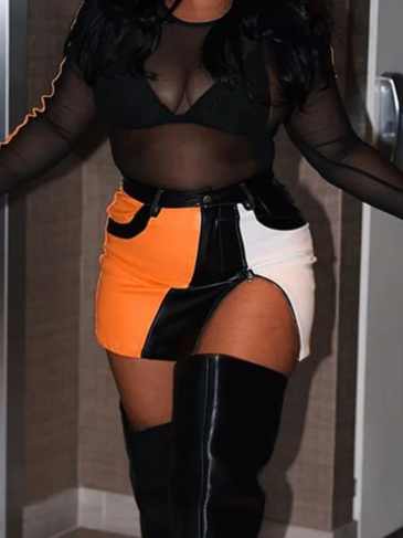 Faux Leather Pu Stylish Zipper Mini Skirt - Orange / s Stylord