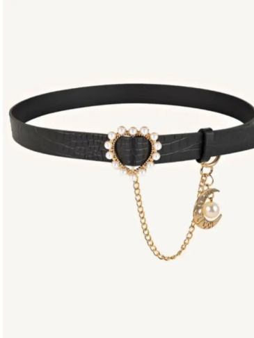 Faux Pearl Buckle Croc Embossed Belt - Black Stylord