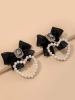 Faux Pearl Heart Decor Bow Earrings - Black Stylord