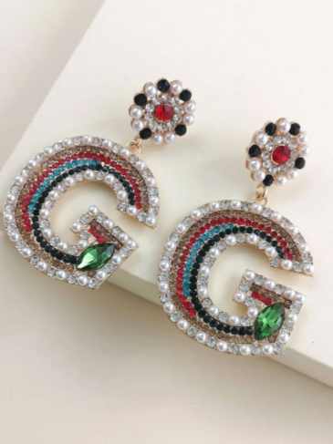 Faux Pearl & Rhinestone Decor Letter Charm Drop Earrings - Multi Stylord