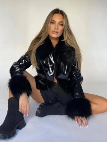 Faux Pu Leather Feather Stylish Jacket - Black / s Stylord