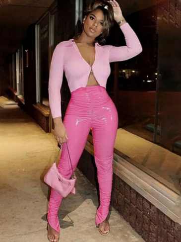 Faux Pu Leather Stacked Pant - Pink / s Stylord