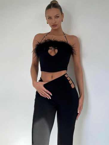 Feather Hollow Out Crop Top Wide Leg Pants Two Piece Set - Black / s Stylord