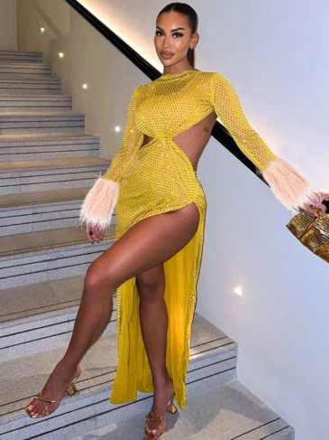 Feather Long Sleeve Sequin Maxi Evening Party Dress - Yellow / s Stylord