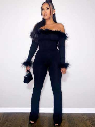 Feather Off The Shoulder Sexy Knitting Black Jumpsuit - s Stylord