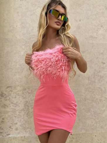 Feather Fur Sleeveless Elegant Mini Dress - Pink / s Stylord