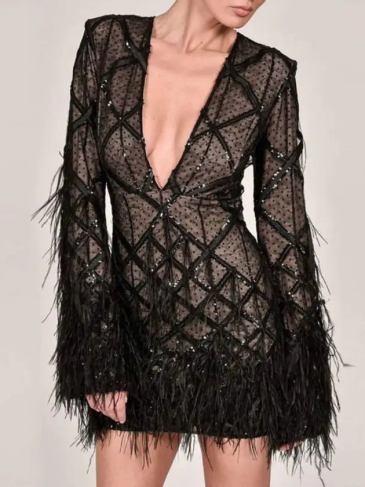Feather Vintage Sequins Mini Dress - Black / s Stylord