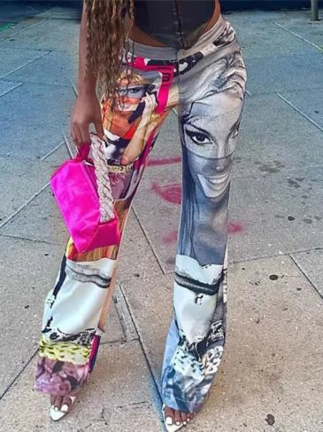 Figure Printed High Waisted Wide Leg Pant - Grey / s Stylord