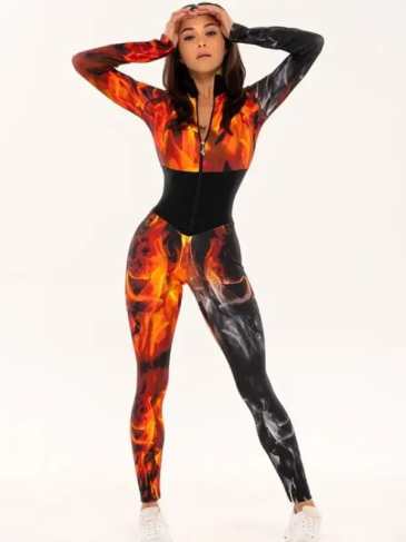 Fire Printed Long Sleeve Zipper Sport Jumpsuit - Orange / s Stylord
