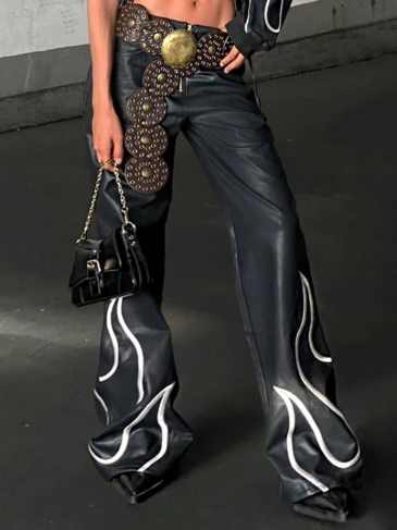 Flame Embroidery Goth Punk Flare Leather Pant - Black / s Stylord